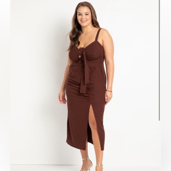 NWT ELOQUII Brown Buckle Front Linen Dress